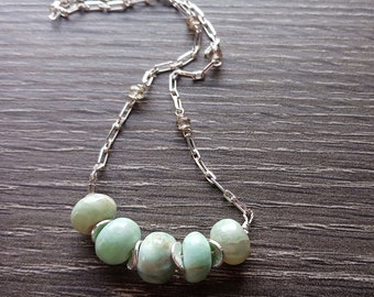 Blue Peruvian Opal Necklace in Sterling Silver, Natural Blue Green Stone Bead Necklace