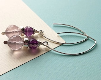 Purple Fluorite Earrings in Sterling Silver, Stacked Purple Gemstone Earrings