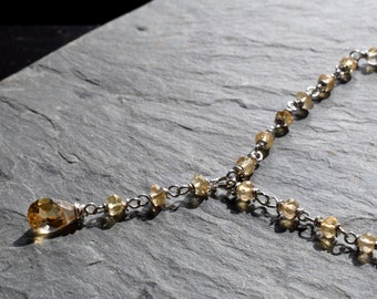 Citrine Necklace in Sterling Silver, Wire Wrapped Yellow Citrine Y Necklace, November Birthstone