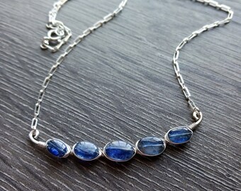 Blue Kyanite Bar Necklace Wire Wrapped in Sterling Silver, Bright Cobalt Blue Pebble Necklace, Wire Wrapped Stone Bar Necklace