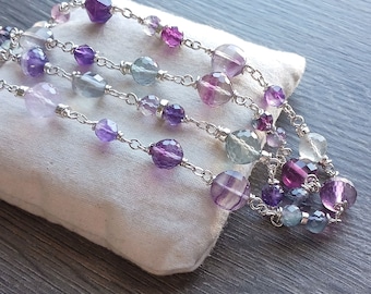 Fluorite and Amethyst Necklace in Sterling Silver, Wire Wrapped Purple Green Stone Necklace, Multicolor Gemstone Necklace