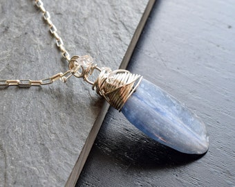 Raw Kyanite Necklace in Sterling Silver, Wire Wrapped Cobalt Blue Kyanite Blade and Herkimer Diamond Pendant Necklace