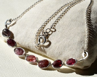 Natural Spinel Bar Necklace Wire Wrapped in Sterling Silver, Raw Red Gemstone Necklace, Wire Wrapped Stone Bar Necklace