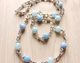 Aquamarine Necklace in Sterling Silver, Wire Wrapped Blue Stone Bead and Handmade Sterling Silver Link Necklace