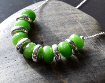 Apple Green Chalcedony Necklace in Sterling Silver, Bright Green Stone Bead Slide Necklace