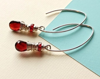 Red Garnet Earrings in Sterling Silver, Deep Red Gemstone Briolette Earrings, January Birthstone