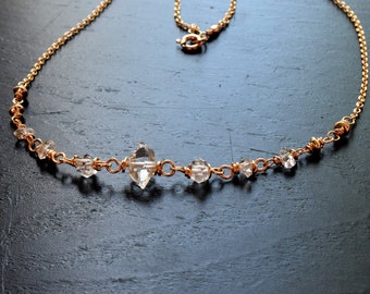 Herkimer Diamond Necklace in 14k Gold Fill, Wire Wrapped Clear Quartz Chain Necklace, Delicate Chain Necklace