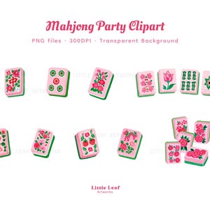Op de afbeelding: Een verzameling digitale Mahjong-tegelillustraties met roze voorzijden, groene onderkanten en diverse bloem-, fruit- en karakterontwerpen. De tekst luidt Mahjong Party Clipart, PNG files, 300DPI, Transparent Background, en Little Leaf Artworks.