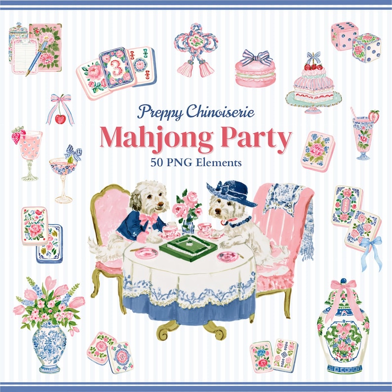May include: A digital collection of 50 PNG elements titled Preppy Chinoiserie Mahjong Party, featuring watercolor illustrations of two dogs playing mahjong, floral arrangements, mahjong tiles, dice, cakes, drinks, and decorative vases.