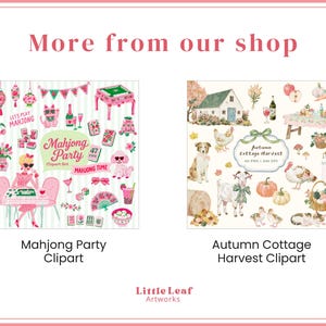 May include: A digital graphic display titled More from our shop featuring two sets of clipart. The left set, Mahjong Party, shows pink-themed illustrations of mahjong tiles, a table, and a person. The right set, Autumn Cottage Harvest, displays rustic farm scenes, pumpkins, and animals.