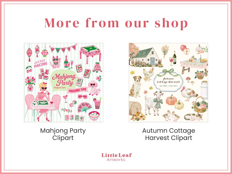 May include: A digital graphic display titled More from our shop featuring two sets of clipart. The left set, Mahjong Party, shows pink-themed illustrations of mahjong tiles, a table, and a person. The right set, Autumn Cottage Harvest, displays rustic farm scenes, pumpkins, and animals.