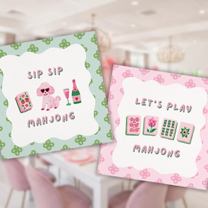 Op de afbeelding: Twee vierkante kaarten met geschulpte witte centra. De linkerkaart is lichtgroen met een klaverpatroon, met een roze poedel, een mahjongtegel en een champagneglas met de tekst SIP SIP MAHJONG. De rechterkaart is roze met een klaverpatroon, met vier mahjongtegels en de tekst LET'S PLAY MAHJONG.