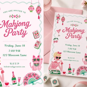 Op de afbeelding: Een rechthoekige uitnodigingskaart met een lichtroze achtergrond en een golvende groenblauwe rand. De tekst luidt "You are invited to Mahjong Party", "Friday, June 18", "7:00 PM", "123 Blossom Lane" en "R.S.V.P hello@reallygreatsite.com". Illustraties bevatten roze lantaarns, kersen, een cocktail, mahjongtegels, een persoon met blond haar en een zonnebril, een roze kat met hartvormige bril, een champagnefles en een bloemenwaaier.