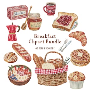 Breakfast Clipart Bundle | Hand-Drawn Bread, Fruit & Morning Plates (63 PNG) | Digital Download