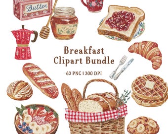 Bundel met ontbijtclips | Handgetekende brood-, fruit- en ochtendborden (63 png ) | Digitale download