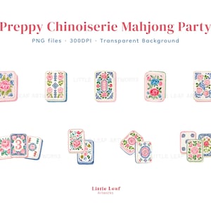 May include: A digital collection of Mahjong tiles featuring floral Chinoiserie patterns in pink, blue, and green. The text reads Preppy Chinoiserie Mahjong Party, PNG files, 300DPI, Transparent Background, and Little Leaf Artworks.