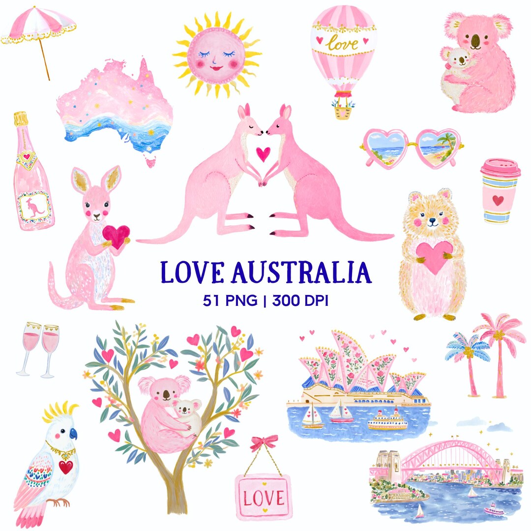 Love Australia Clipart Bundle | Watercolor Aussie Animals, Landmarks ...