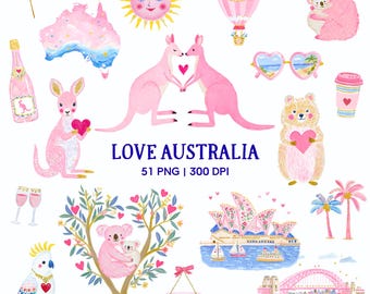 Pacchetto clipart Love Australia / Animali australiani ad acquerello, grafica di punti di riferimento (51 PNG) / Download digitale