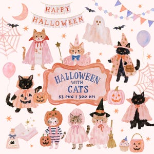 May include: A digital illustration set featuring watercolor cats in Halloween costumes, ghosts, pumpkins, spiderwebs, and banners with the text "HAPPY HALLOWEEN" and "HALLOWEEN WITH CATS 53 PNG | 300 DPI" on a light pink background.