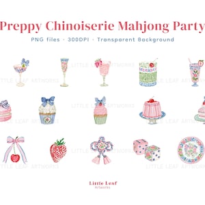 May include: A collection of watercolor illustrations titled Preppy Chinoiserie Mahjong Party, featuring pink and blue themed desserts, drinks, strawberries, a cherry with a bow, mahjong dice, and a floral plate, all on a white background.
