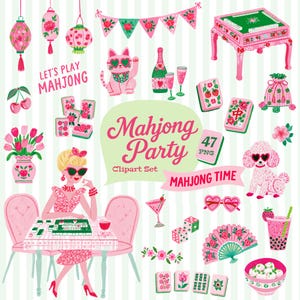 Op de afbeelding: Een digitale illustratieset met Mahjong-thema, inclusief een persoon aan een speeltafel, een roze Mahjong-tafel, tegels, lantaarns, een kat, een poedel, een waaier, drankjes en bloemmotieven met de tekst Let's Play Mahjong en Mahjong Party.