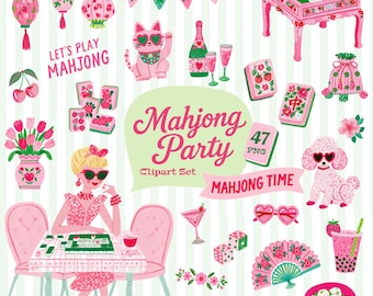 Mahjong Party Clipart | 47 PNGs – Pink Green Mahjong Tiles, Repeat Pattern, Party Decor Digital Download