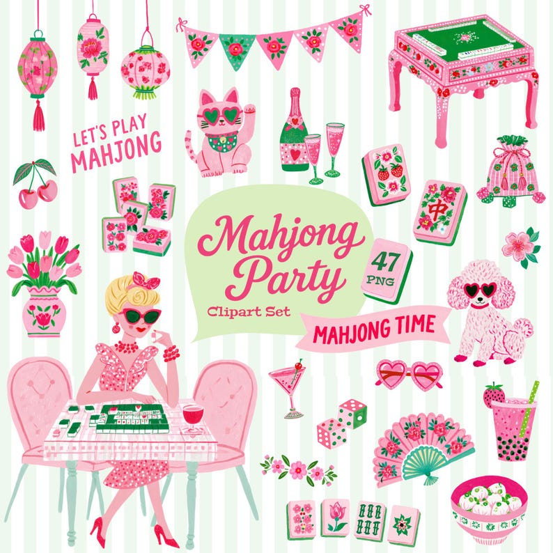 Op de afbeelding: Een digitale illustratieset met Mahjong-thema, inclusief een persoon aan een speeltafel, een roze Mahjong-tafel, tegels, lantaarns, een kat, een poedel, een waaier, drankjes en bloemmotieven met de tekst Let's Play Mahjong en Mahjong Party.