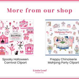 Op de afbeelding: Een digitale grafische weergave met de titel More from our shop met twee sets clipart. De linker set toont roze Halloween-carnavalsillustraties met skeletten en geesten. De rechter set toont blauwe en roze Mahjong-feestillustraties.