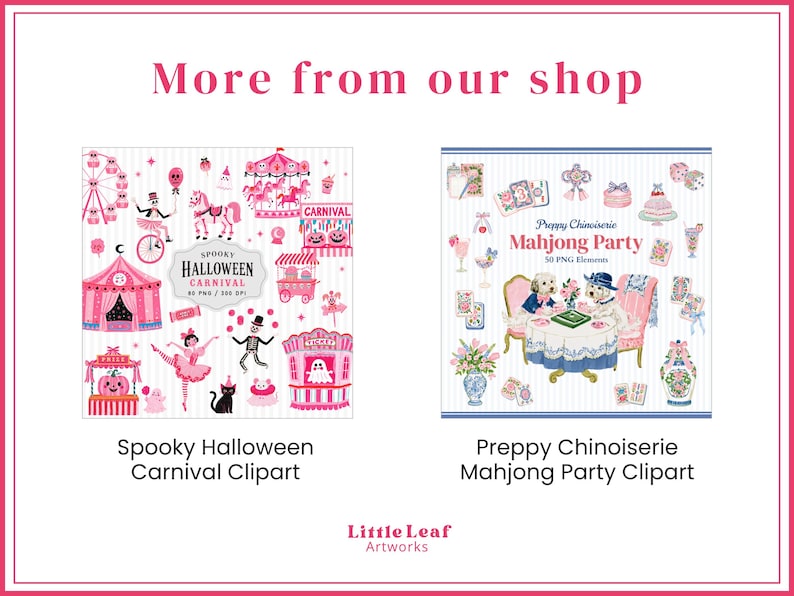 Op de afbeelding: Een digitale grafische weergave met de titel More from our shop met twee sets clipart. De linker set toont roze Halloween-carnavalsillustraties met skeletten en geesten. De rechter set toont blauwe en roze Mahjong-feestillustraties.
