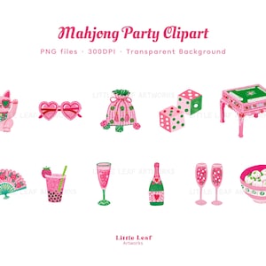 Op de afbeelding: Een collectie Mahjong Party Clipart-illustraties met een roze kat, hartvormige brillen, een tasje met trekkoord, dobbelstenen, een speeltafel, een waaier, een boba-drankje, champagneglazen, een fles en een kom met dumplings in roze en groen.