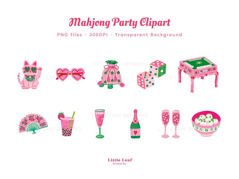 Op de afbeelding: Een collectie Mahjong Party Clipart-illustraties met een roze kat, hartvormige brillen, een tasje met trekkoord, dobbelstenen, een speeltafel, een waaier, een boba-drankje, champagneglazen, een fles en een kom met dumplings in roze en groen.