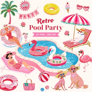 May include: A whimsical illustration with a retro pool party theme. The image features a pool with flamingo and swan floats, people in swimsuits, dogs in sunglasses, and beach accessories. Text reads "Retro Pool Party".