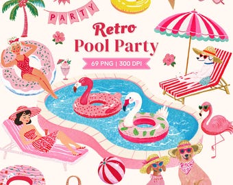 Retro poolparty clipart, vintage zomergraphics, tropische flamingo (69 png digitale download)