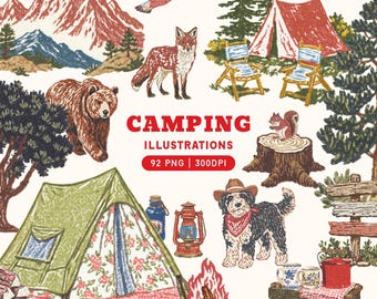 Vintage Camping Clipart Bundle, Retro Woodland Adventure PNG Graphics (300DPI)