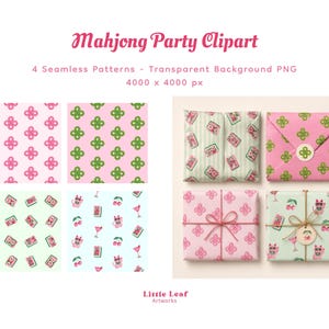 Op de afbeelding: Een digitale collectie genaamd Mahjong Party Clipart met vier naadloze patronen en vier ingepakte pakketjes. De ontwerpen bevatten roze en groene klaverachtige vormen, mahjongtegels, kersen, cocktails en roze katten op pastelkleurige achtergronden.