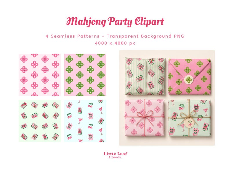 Op de afbeelding: Een digitale collectie genaamd Mahjong Party Clipart met vier naadloze patronen en vier ingepakte pakketjes. De ontwerpen bevatten roze en groene klaverachtige vormen, mahjongtegels, kersen, cocktails en roze katten op pastelkleurige achtergronden.