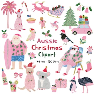 May include: A digital collection of Aussie Christmas clipart featuring illustrations of Santa with a surfboard, a koala, kangaroos, a pink car with gifts, a Christmas tree, a gingerbread man, and festive birds, with the text Aussie Christmas Clipart.