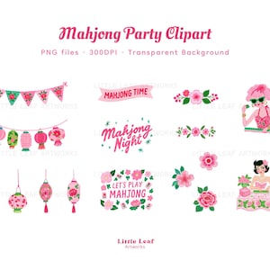 Op de afbeelding: Een digitale collectie Mahjong-feestclipart met roze en groene bloemenslingers, papieren lantaarns en teksten zoals Mahjong Time, Mahjong Night en Let's Play Mahjong, inclusief illustraties van twee figuren die Mahjong aan het spelen zijn.