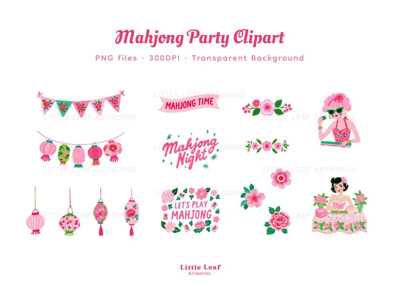 Op de afbeelding: Een digitale collectie Mahjong-feestclipart met roze en groene bloemenslingers, papieren lantaarns en teksten zoals Mahjong Time, Mahjong Night en Let's Play Mahjong, inclusief illustraties van twee figuren die Mahjong aan het spelen zijn.