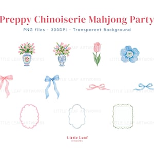 May include: A digital collection of watercolor illustrations titled Preppy Chinoiserie Mahjong Party. The set includes blue and white vases with pink flowers, a single pink tulip, a blue flower, various pink and blue ribbons, and three decorative frames.