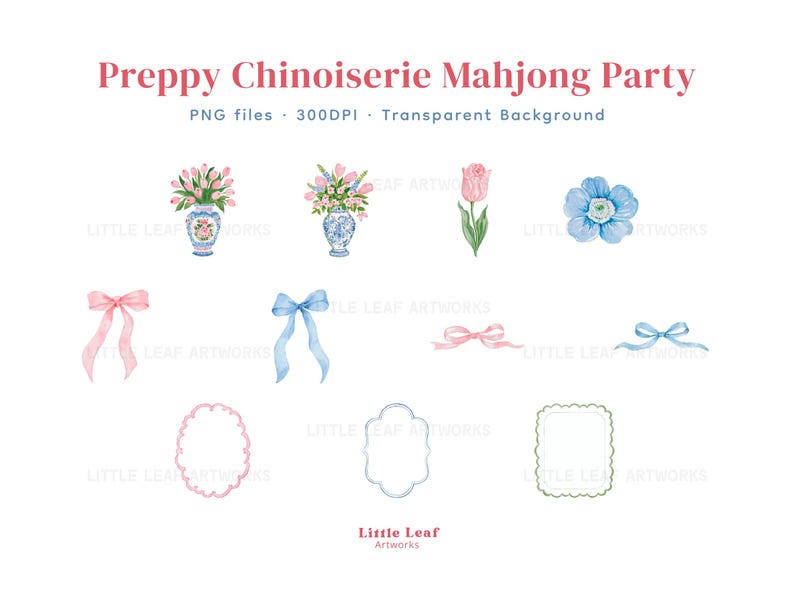 May include: A digital collection of watercolor illustrations titled Preppy Chinoiserie Mahjong Party. The set includes blue and white vases with pink flowers, a single pink tulip, a blue flower, various pink and blue ribbons, and three decorative frames.