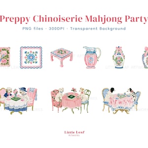 May include: A digital collection of Preppy Chinoiserie Mahjong Party illustrations featuring pink and blue floral motifs, decorative jars, a small table, and dogs playing mahjong at round tables, all presented as PNG files with transparent backgrounds.
