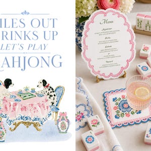 May include: A menu card with a pink scalloped border, a glass of pink liquid with a lemon slice on a floral coaster, and scattered mahjong tiles with floral and character designs. The left side features an illustration with the text TILES OUT DRINKS UP LET'S PLAY MAHJONG.