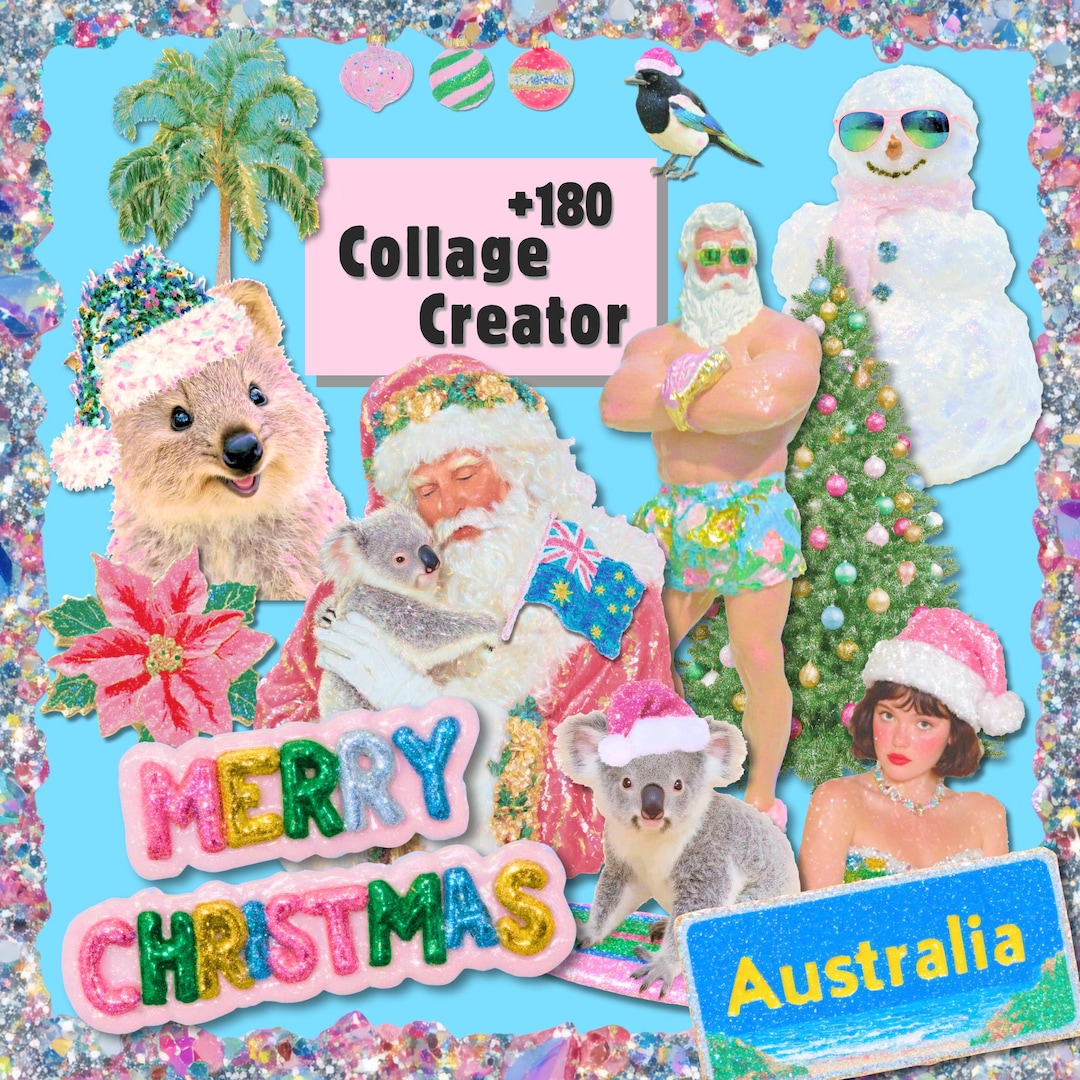 Aussie Christmas Collage Kit | 180+ Glitter PNG Elements, Retro Design ...