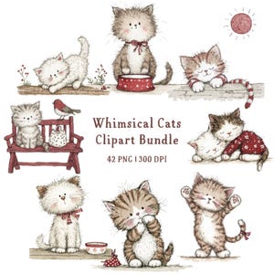 May include: A collection of whimsical cat clipart illustrations. The images feature various adorable kittens in different poses, with a red bow, a red bowl, and a red bench. The text "Whimsical Cats Clipart Bundle" is also included.