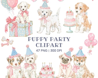 Aquarel Sweet Puppy Party Clipart | Pastelkleurige grillige vieringsafbeeldingen (47 png) | Digitale download