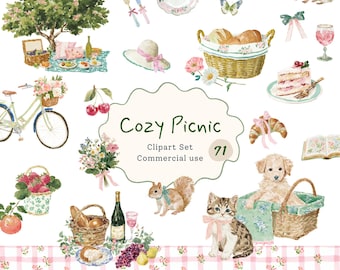 Gezellige picknick-clipart | 71 aquarel-png's: cottagecore zomer, picknickmand, eten en fruit, tuindieren (digitale download)