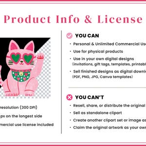 Op de afbeelding: Een digitale afbeelding van een roze kat met een hartvormige zonnebril en een groene halsband met een belletje. De afbeelding bevat de tekst Product Info & License, met een overzicht van de gebruiksrechten en de beperkingen voor het delen.