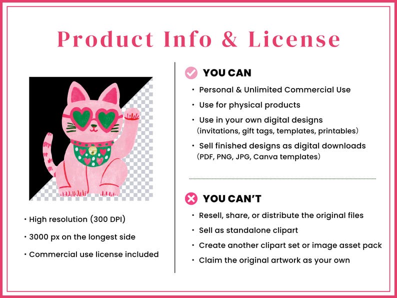 Op de afbeelding: Een digitale afbeelding van een roze kat met een hartvormige zonnebril en een groene halsband met een belletje. De afbeelding bevat de tekst Product Info & License, met een overzicht van de gebruiksrechten en de beperkingen voor het delen.