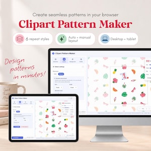 Könnte beinhalten: Eine Clipart Pattern Maker Software-Oberfläche auf einem Desktop-Monitor und einem Tablet. Der Bildschirm zeigt eine digitale Leinwand mit tropischen Frucht- und Blumen-Icons in einem sich wiederholenden Muster sowie Menüs für Layout- und Element-Einstellungen.